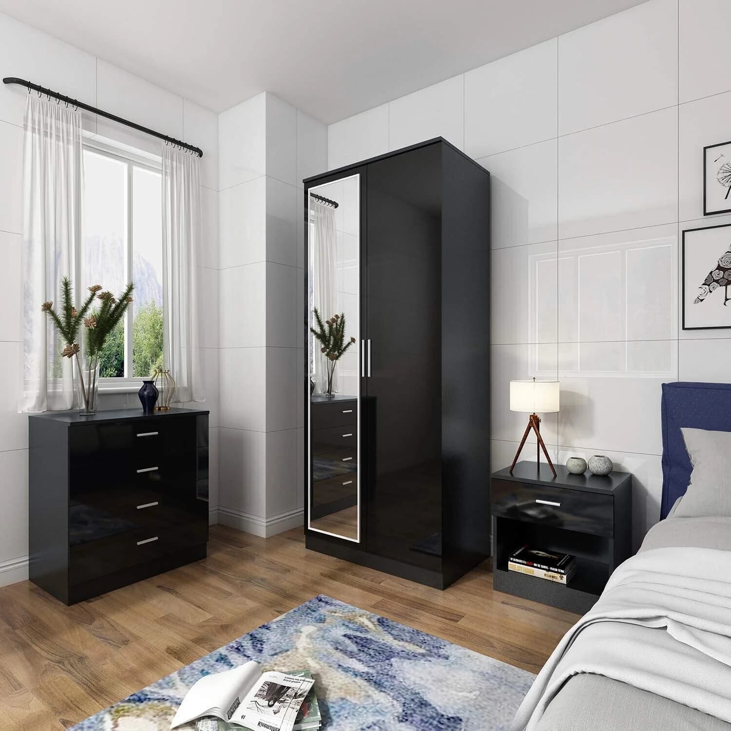 Modern Wardrobe with Mirror/ Black