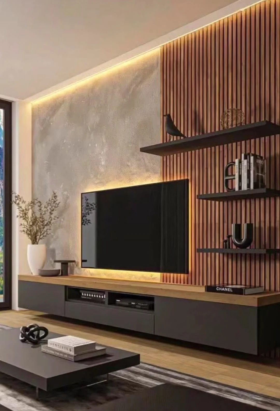Modern Wood Slat TV Wall Unit