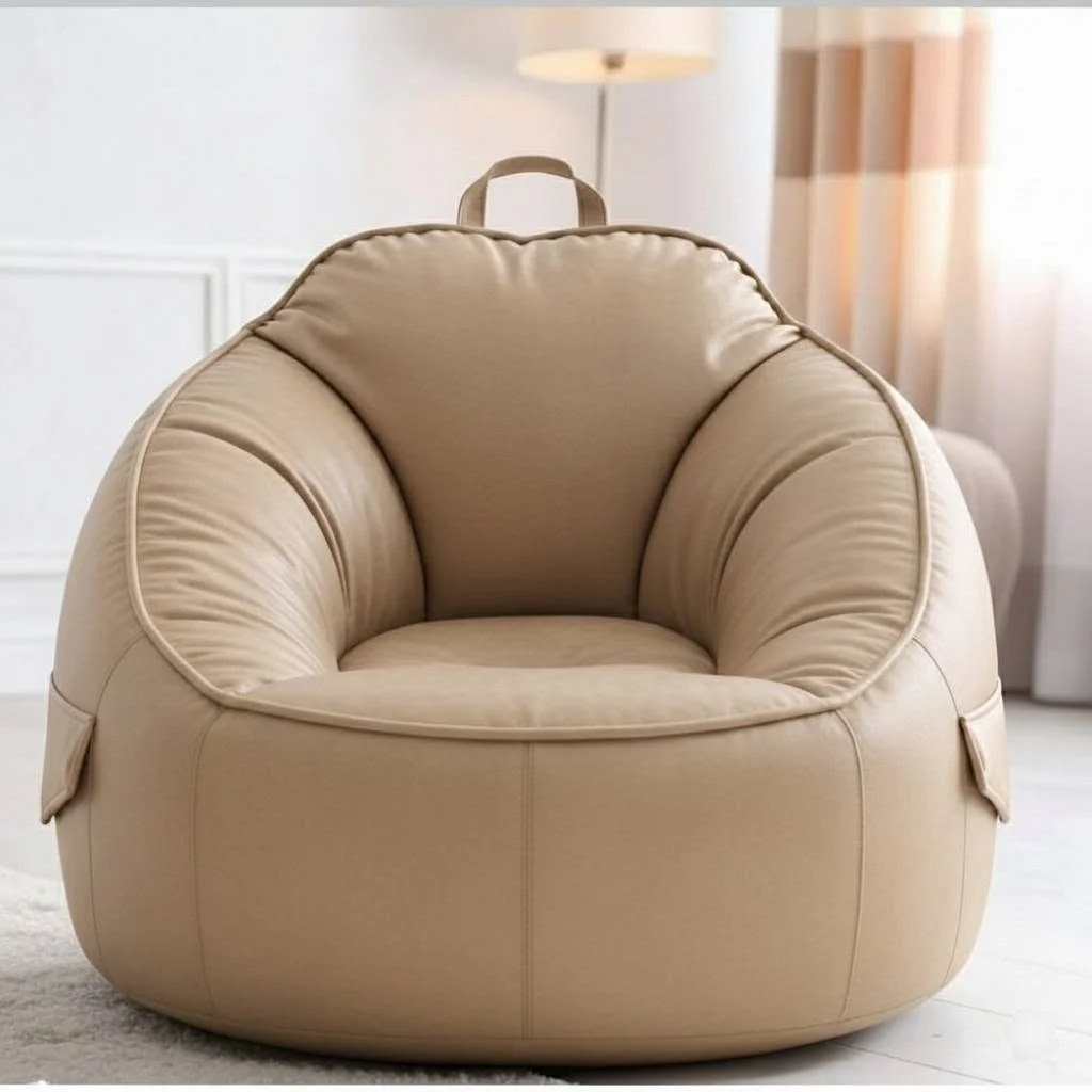 Modern Beige Faux Leather Bean Bag Lounge Chair