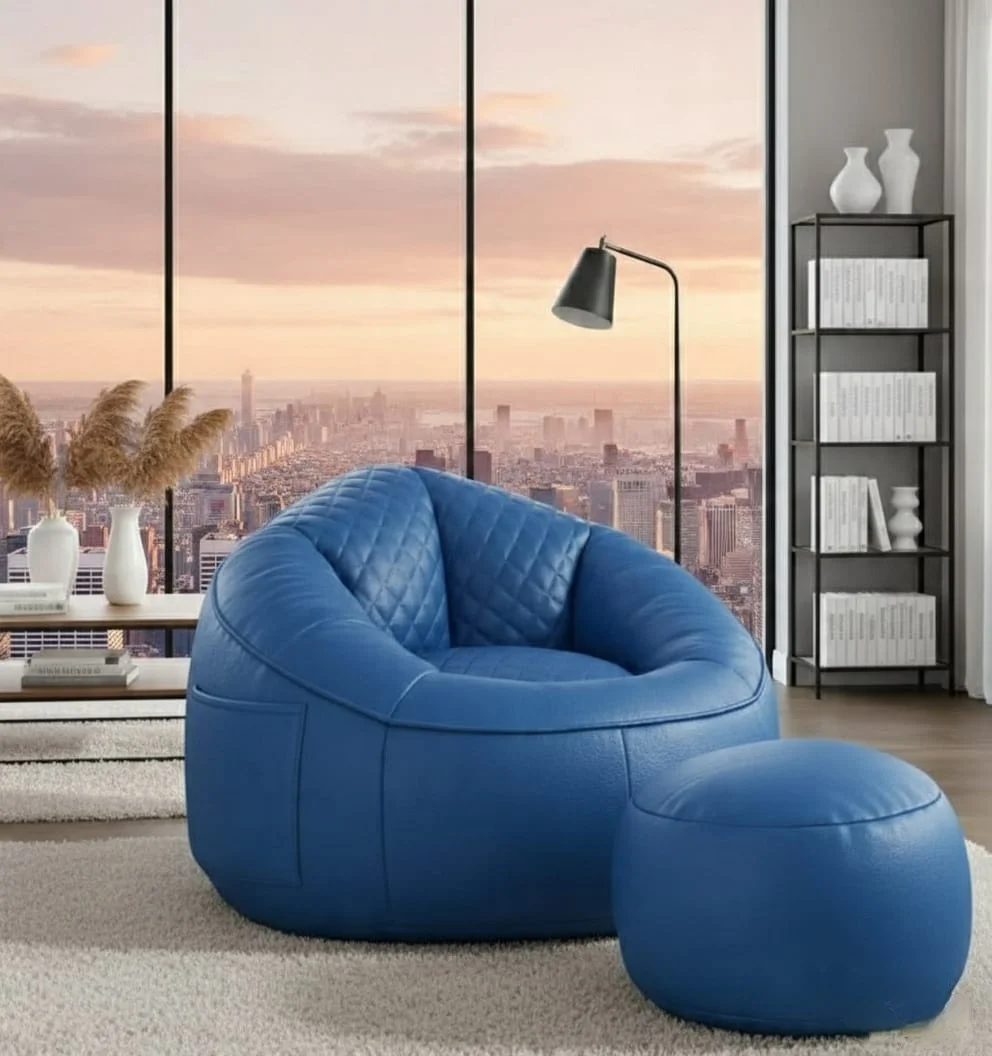 Modern Quilted Blue Leather Lounge Chair