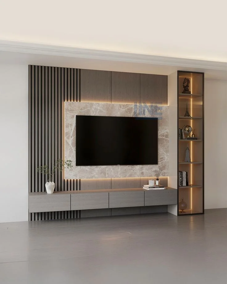 Modern Marble and Wood TV Wall Unit